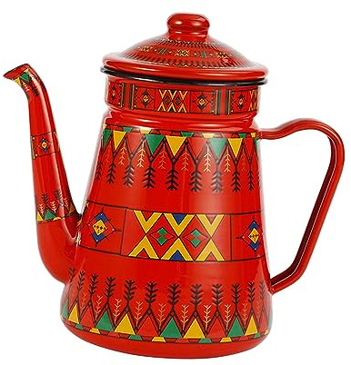 Folpus Emaille-Kaffeekanne, floraler Heißwasserkessel mit, Wasserkanne, Vintage-Emaille-Teekanne, Rot 1,2L