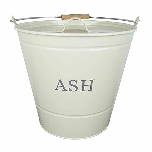 SAVING HUB Metal Ash Bucket with Lid - Firepalces Fire Pits Burning Stove Hot Ash Garden Cleaning Bin - Wooden Handle Perfect for Transporting & Storing Ash 30x32cm (Cream)