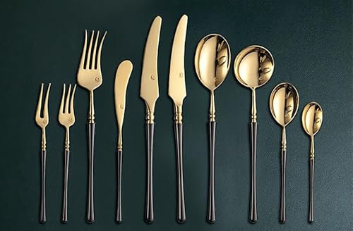 ESSONIO Schwarz-Goldenes Besteck Set 5 Personen 50-PCS Bestecksets Cutlery Set mit Messer,Steakmesser,Buttermesser,Löffel,Teelöffel,Suppenlöffel,Kaffeeschaufel,Gabeln,Salatgabeln,Obstgabeln