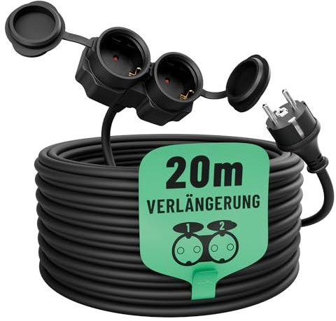 greate 2fach Verlängerungskabel außen 20 Meter - Verlängerungskabel wasserdicht IP44 Aussenbereich - 2 Fach Mehrfachsteckdose Verlängerung draußen 20m 3500 W - Outdoor Extension Cord Waterproof