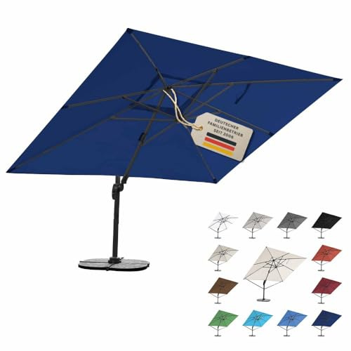 RS Trade Sonnenschirm Ampelschirm 3x4m groß rechteckig, mit Windsicherung, Ständer und Schutzhülle, drehbar neigbar kippbar mit Kurbel, windstabil für Garten Terrasse Balkon Gastronomie, dunkelblau