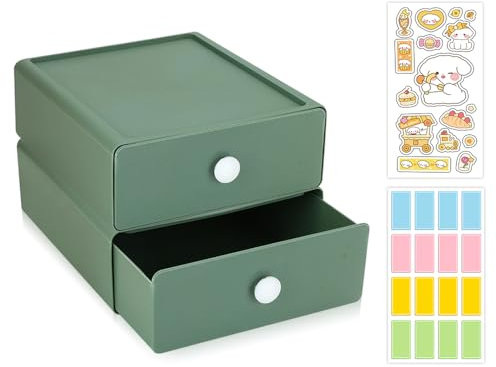 2 scatole impilabili per cassetti, con 2 cassetti in plastica, organizzatore per scrivania, cassetti con 2 scomparti per ufficio, dormitorio, bagno (2 verdi)