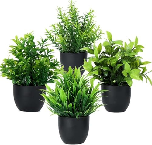 Laelfe 4 Pack Small Artificial Plants in Black Pot Mini Fake Greenery Potted Plants for Indoor Home Bathroom Office Desk Decorations (4 Black-New)