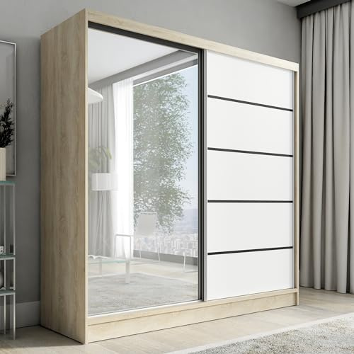 A&J MöbelLand Schwebetürenschrank Nero Kleiderschrank 2-türig mit Schubladen und Spiegel, Garderobe 200 cm (Sonoma/weiß)