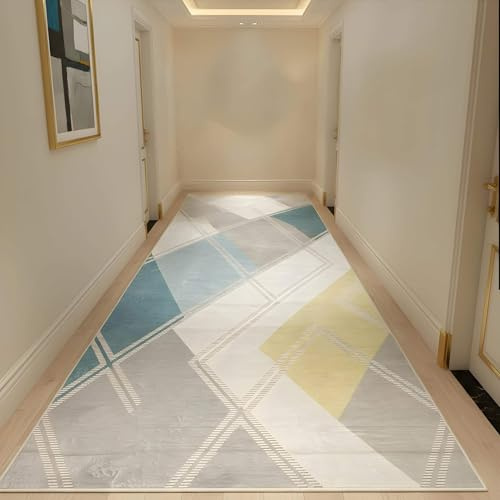 LIKE IT MORE Modern Teppich für Wohnzimmer, Schlafzimmer, Küche und Flur - Waschbarer Rutschfester Teppichläufer - Großer Teppich Läufer Beige Grau Blau Weiß 80x300 (Erde Grau)