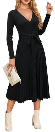 Newshows Strickkleid Damen Winter Herbst Langarm Winterkleid | V-Ausschnitt Winterkleid A-Linie Elegantes Langarm Pulloverkleid