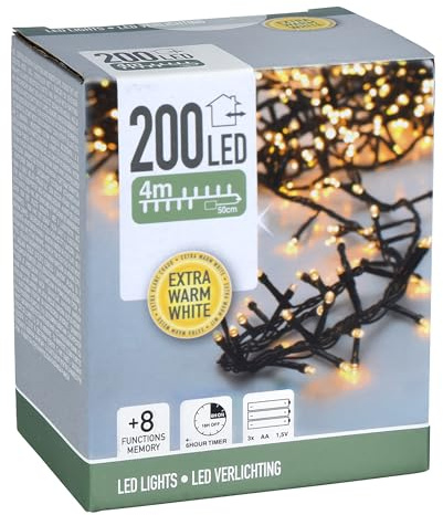 Guirlande lumineuse LED EXTRA blanc chaud avec 8 fonctions d'éclairage - 200 LED sur 4m - Éclairage de Noël avec puce mémoire - Décoration de jardin, Avent, hiver pour l'intérieur et l'extérieur