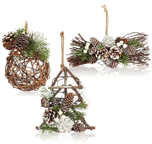 com-four® 3-teiliges Hänger-Set für Weihnachten, Hängedekoration | Christbaumhänger Baum - Kugel - Gesteck für winterliche Gestaltung - handgemachter Raumschmuck