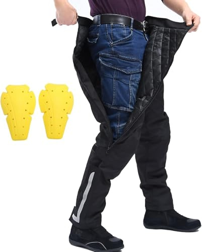 LOMENG Winter Detachable Motorcycle Riding Pants with Full Leg Zip and Armor Insulated Motorbike Overpants for Cold Weather Black M 30