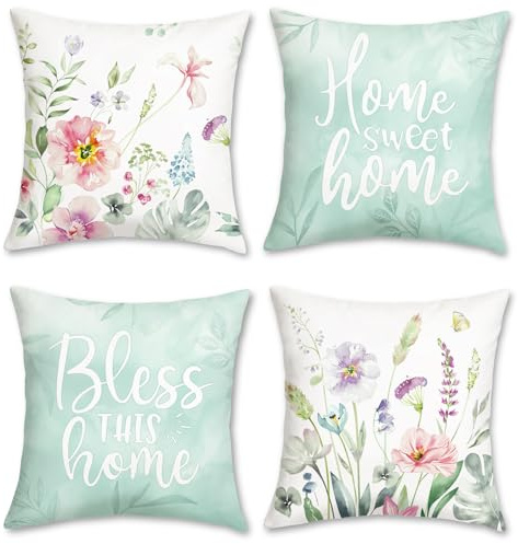 Bonhause 4er Set Kissenbezüge Aquarell Blumen 45 x 45 cm Rosa Blumen Türkis Dekorative Kissenhülle Zierkissenbezüge für Sofa Zuhause Garten Dekoration Home Sweet Home