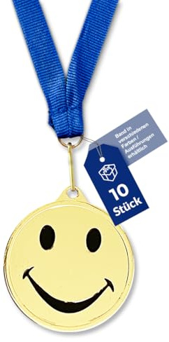 geschenke-fabrik.de Smiley-Medaillen Kinder-Set, Gold, Metall | Bandfarbe & -breite nach Wahl, optional mit Wunschtext, für Kindergeburtstag, Turniere & Vereine