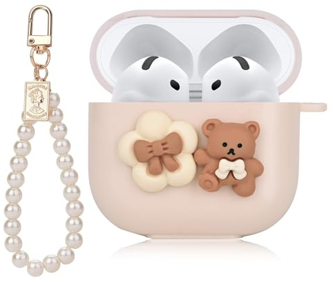 Yamobi Cartoon Bär, Schleife und Blumen Design mit Perlenkette für AirPods 4, Silikonhülle für AirPods 4. Generation 4, Weiche Schutz Hülle für AirPods Case,Keychain