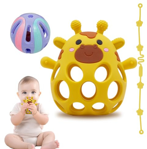 Beißring & Rassel für Babys - Sensorik Spielzeug ab 0 Monate, Zahnungshilfe & Greifball - Geschenk für Jungen & Mädchen Giraffe