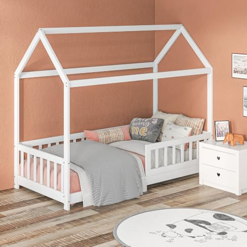 HOMCOM Toddler Bed Kids Single Bed Frame House-Shaped Guard Rails White | Solid Pine Wood, for Kids Boys and Girls