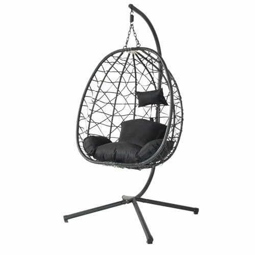 CONCEPTO DE FÁBRICA | Sillón colgante con soporte de resina trenzado | Diseño CUZCO Ratán Negro | Estructura de acero resistente | Cojines removibles y desmontables | Columpio de 1 plaza | Interior y