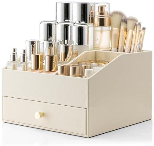 Vlando Organisateur de maquillage avec 2 tiroirs, organisateur de coiffeuse, organisateur de maquillage, organisateur de maquillage pour salle de bain, dresser Skincare - Beige