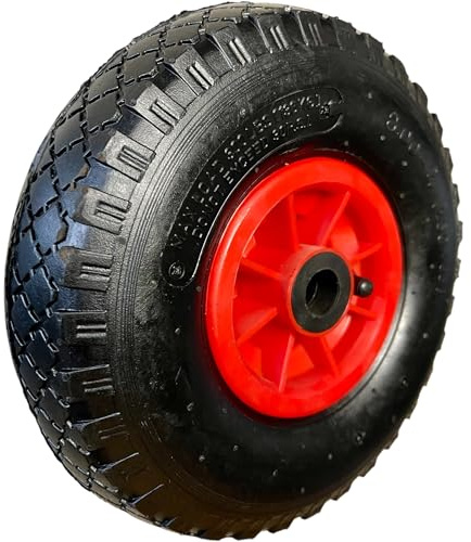 TMV24® 1x Sackkarrenrad Luftrad 3.00-4, 260x85 Reifen mit Schlauch & Rad für 2cm Ø Achse Sackkarre Bollerwagen Luftreifen Ersatzrad Sackkarren Räder Rollenlager Kugellager Winkelventil Schw/Rot, L, W
