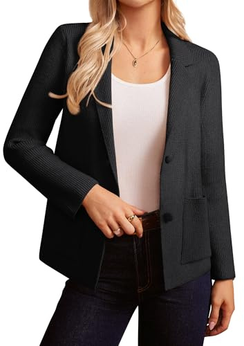 GRACE KARIN Blazer en Tricot à Manches Longues pour Femme avec Deux Boutons, col Taille et Revers à Encoche - Cardigan d'affaires décontracté pour Bureau, Noir, L