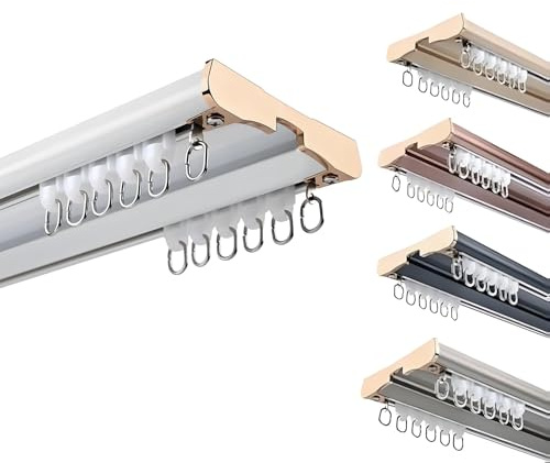 0.5-6m Vorhangschienen 2-läufig Gardinenschiene mit Stummen Rollen Deckenvorhangschiene aus Aluminium für Schiebevorhang, Vorhänge Raumteiler Schienenvorhangsystem(White,2m)