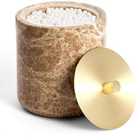 WORHE Qtip-Halter aus Marmor mit Messingabdeckung, Aufbewahrungs Hellbraun | Naturmarmor für Wattestäbchen, Wattebällchen,Wattepads zur Dekoration von Badezimmerutensilien,Aufbewahrungs Organizer(WH080)