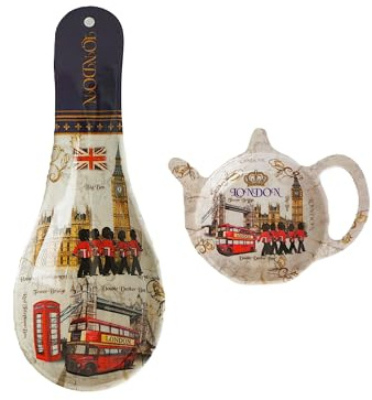 London Souvenir Ceramic Kitchen Set – Includes Spoon Rest and Teapot-Shaped Tea Bag Holder – Featuring Big Ben, Red Bus, Telephone Booth & Queen’s Guard | British Travel Gift & Collectible Kitchenware