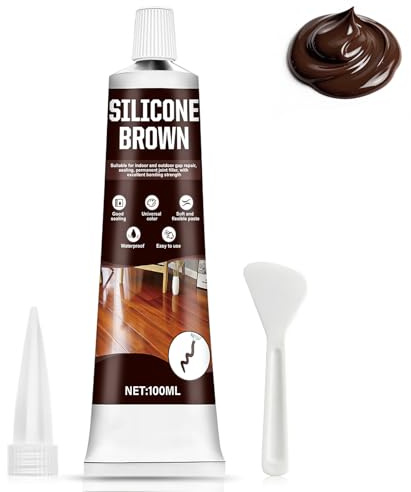 AllisWay Silicone Marron, Mastic Bois, Joint Silicone Haute Temperature, Mastic Colle Mperméable et Résistant aux Uv pour Utilisation Intérieure et Extérieure Escaliers, Fenêtres, Terrasses, 100ml