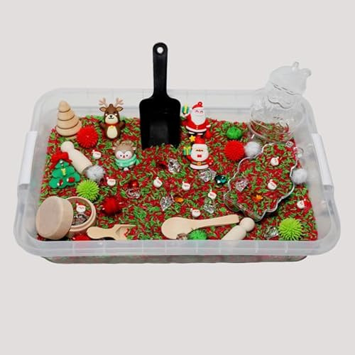 Sensory-N-Stuff Christmas Sensory Bin Kit for Kids – Christmas Theme Red & Green Rice, Xmas Accessories, Santa Claus & Wooden Tools – Includes Clear Storage Bin