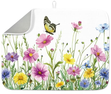 INFUNLY Spring Wildflowers Dish Drying Mat for Kitchen Watercolor Floral Dish Drainer Mats Absorbent Microfiber Butterfly Dishes Drying Pad 18x24 Inches Machine Washable for Countertop Coffee Bar