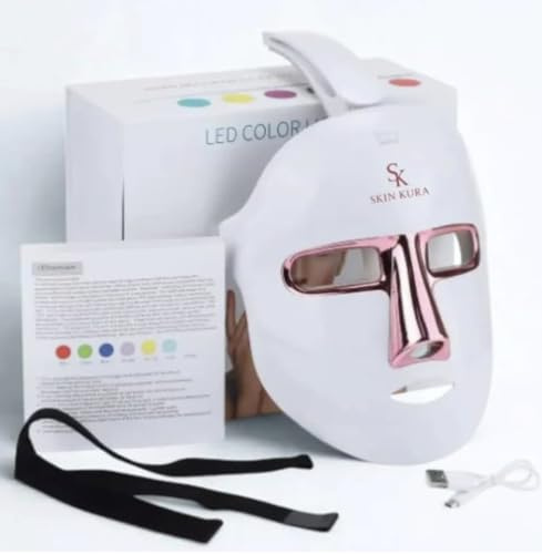 Skinkura LED ansiktsmask och nackmask – 7 färger ljusterapi, anti-aging, kollagen hudföryngring, anti-rynkor skönhetsenhet – ansiktsmask med pekknapp, 7 färger – foton LED – hudvård hem