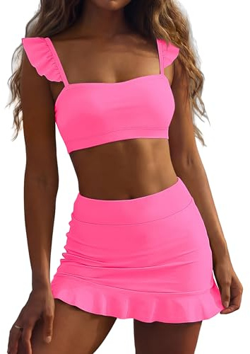 ANRABESS Womens High Waisted Bikini Skirt Set Built in Buttom Two Piece Swimsuits 2026 Summer Beach Bathing Suit Swimwear Light Pink