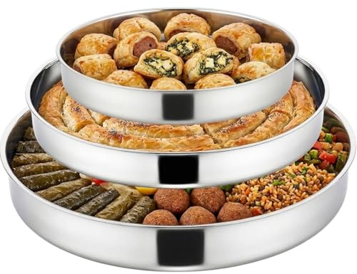 Tomicook 3er Set Runde Backbleche aus Edelstahl – Hochwertige Pizzableche & Serviertabletts – Ø 28cm, 32cm, 36cm – Stapelbare Ofenformen für Börek, Pizza & Gebäck – Rostfrei & Langlebig