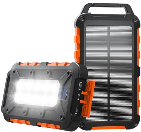 Batterie Externe Solaire 10000mAh PD 22,5W Chargeur Solaire avec 2 Ports USB et Une Entrée USB-C Charge Rapide Solar Power Bank Imperméable Compatible avec Téléphone Tablette Camping, Orange