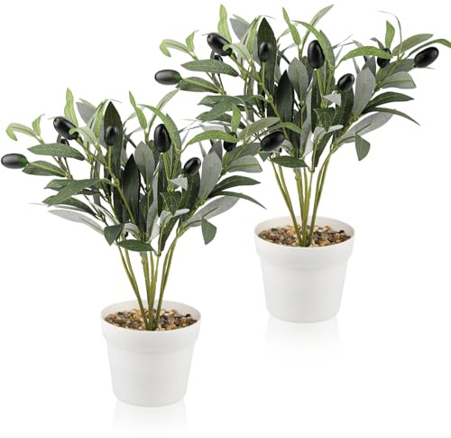 JINXIAN 2 Piezas Tallos Rama De Olivo Artificial Conjunto 28cm Decorativas | con Frutos y Maceta Blanca Plantas Artificiales para Vegetación Para Bodas Decoración
