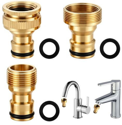 Set da 3 Pezzi Adattatore Rubinetto in Ottone 22mm e 24mm, Raccordo Universale per Tubo da Giardino e Cucina, Connettore Rapido Idraulico da 1/2 e 3/4, Oro