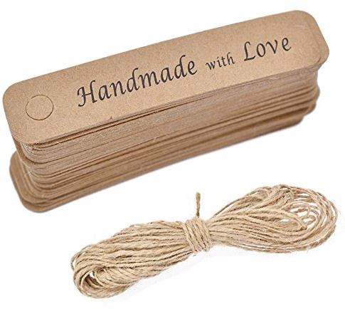 DUBENS 100 Stück Geschenk Anhänger, 6 x 1 CM kraftpapier Papieranhänger Hängeetiketten Anhängeetiketten Tags Geschenkanhänger Etiketten mit Jute-Schnur 10 Meter (Handmade with Love)