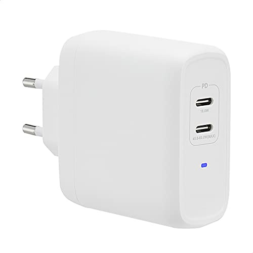Amazon Basics Chargeur mural USB-C à 2 ports, 68W, GaN, pour ordinateurs portables, tablettes et téléphones alimentés, blanc (Non-PPS), 6,6 x 2,94 x 6,24 cm