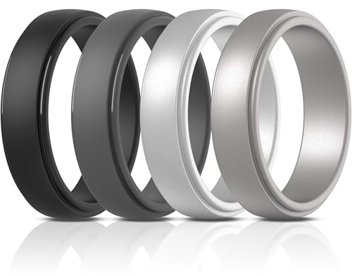 ThunderFit Silicone Rings for Men, Stepped Edge Rubber Wedding Bands - 1/4 Variety Multipack, Narrow (Pack C (Size 9.5-10))