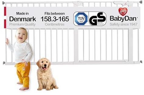 BabyDan Premier, Extra breit Ohne bohren Treppenschutzgitter, 158,3-165 cm, Babygitter/Sicherheitsgitter, Metall, Weiß, Hergestellt in Dänemark - (Haustiergitter/Hundegitter)