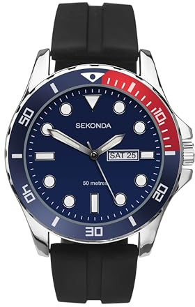 Sekonda Balearic Mens 44mm Quartz Watch in Blue with Analogue Day/Date Display, and Black Rubber Strap 1580