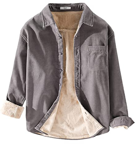 GUOCU Hombre Camisa de Pana Manga larga Chaqueta de Sherpa con forro polar Forrado de Franela Color Sólido Camisa de leñador acolchada Camisa de Franela de invierno Dgris L