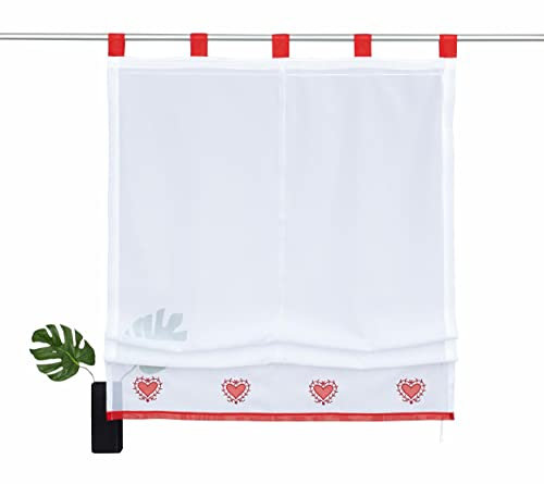 Devola transparent Voile Raffrollo Herz-Motiven bestickte Raffgardinen Faltvorhang Modern Rollo mit Kordelzug Küchengardine Fertiggardine BxH 45x155cm Schlaufen Rot 1er Pack