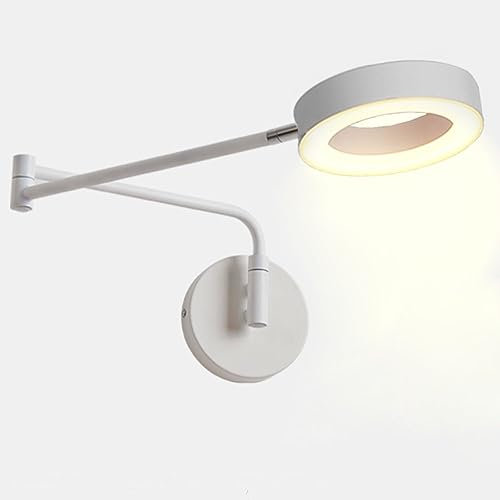 Schlafzimmer Wandlampe Verstellbarer Weiß Schwenkarm, 8W LED Wandleuchte Innen Nachttischlampe Wand-Leselampe Ring Acrylschirm Modern Wandstrahler Leselicht 3 Lichtfarbe Dimmbar Wandbeleuchtung Weiß