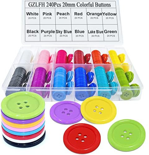 GZLFH® 240 Stk Plastikknöpfe, 20 mm Bunte Knöpfe 4 Loch Rund Harz Große Knöpfe mit Box für DIY Handgewebte Kinderkleidung Nähen Handwerk Dekoration
