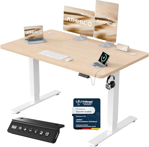 JUMMICO Höhenverstellbarer Schreibtisch 120 x 60 cm, USB-A-Anschluss | Schreibtisch Höhenverstellbar Elektrisch, Erinnerung bei langem Sitzen Stehschreibtisch, Computertisch für Homeoffice Beige