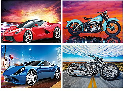 Painting 5D 4 Pezzi 40x30 cm 5D Diamond Painting Auto Pittura con i Numeri Puzzle con Perline Moto per Bambini Diamond Paint Moto Mosaico Fai Da Te con Strass per Adulti Puzzle Perline Adesive