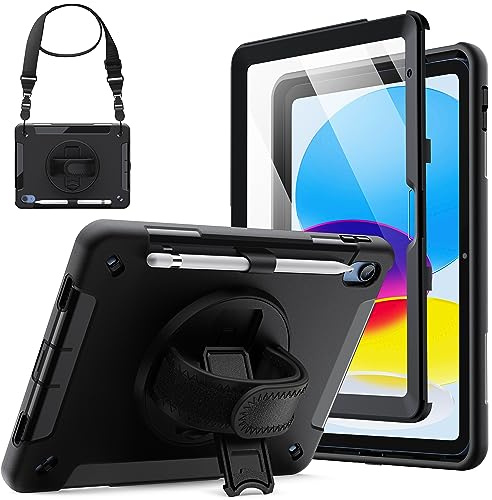 JETech Fodral för iPad (A16) 11:e/10:e Generationen (2025/2022) med Inbyggt Skärmskydd, Stötsäkert Robust Skal Case, 360 Graders Roterande Stativ med Handrem (Svart)