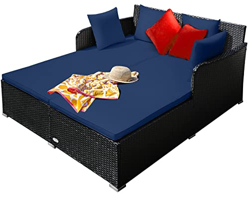RELAX4LIFE Rattan Patio Outdoor Daybed, Wicker 2-Person Sunbed Loveseat with Soft Cushions, 4 Pillows, Curved Backrest & Armrest, Double Bed Lounger Sofa Set for Balcony Porch, Patio Bed (Navy)