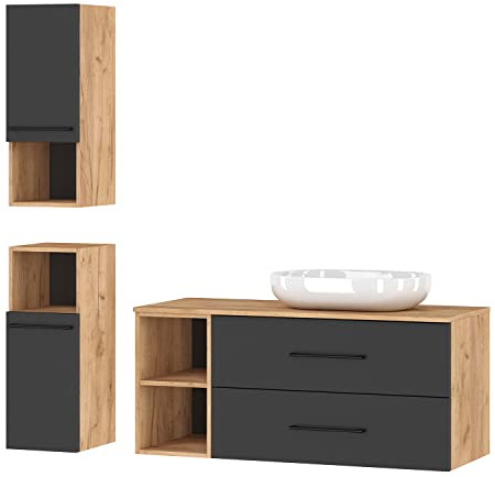 Planetmöbel Badmöbel Komplettset Badmöbel Komplettset 4-teilig | 120cm, Aufsatzwaschbecken und 2x Midischrank, in den Farben Gold Eiche/Anthrazit