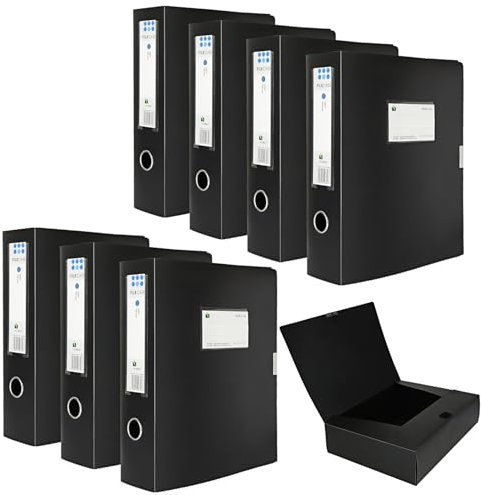 Aktenordner, Kanzleipapier, passend für A4, schwarz, glänzend, mit 70 mm Rücken, Gummibandverschluss, für Schule, Arbeit, Büro, 8 Stück