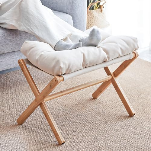 Nisorpa Repose-pieds pliable pour canapé, repose-pieds en bambou, tabouret à langer en bois, marchepied pliable en bois avec coussin amovible en tissu velours pour le salon